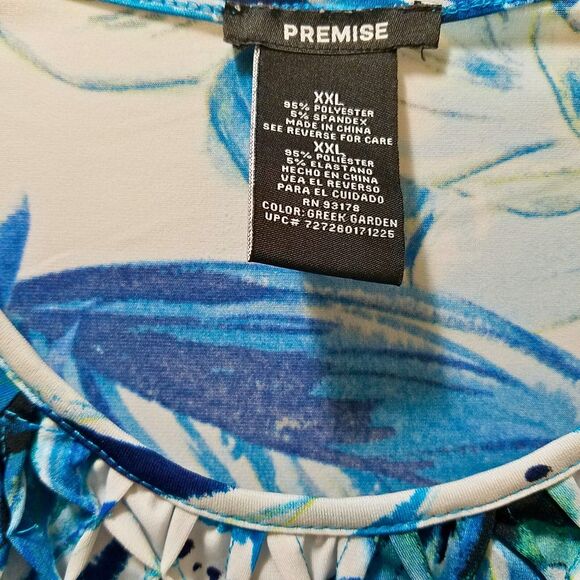 Premise Blouse Women’s XXL Blue White Floral Cap Sleeve Stretch Top - Picture 3 of 3